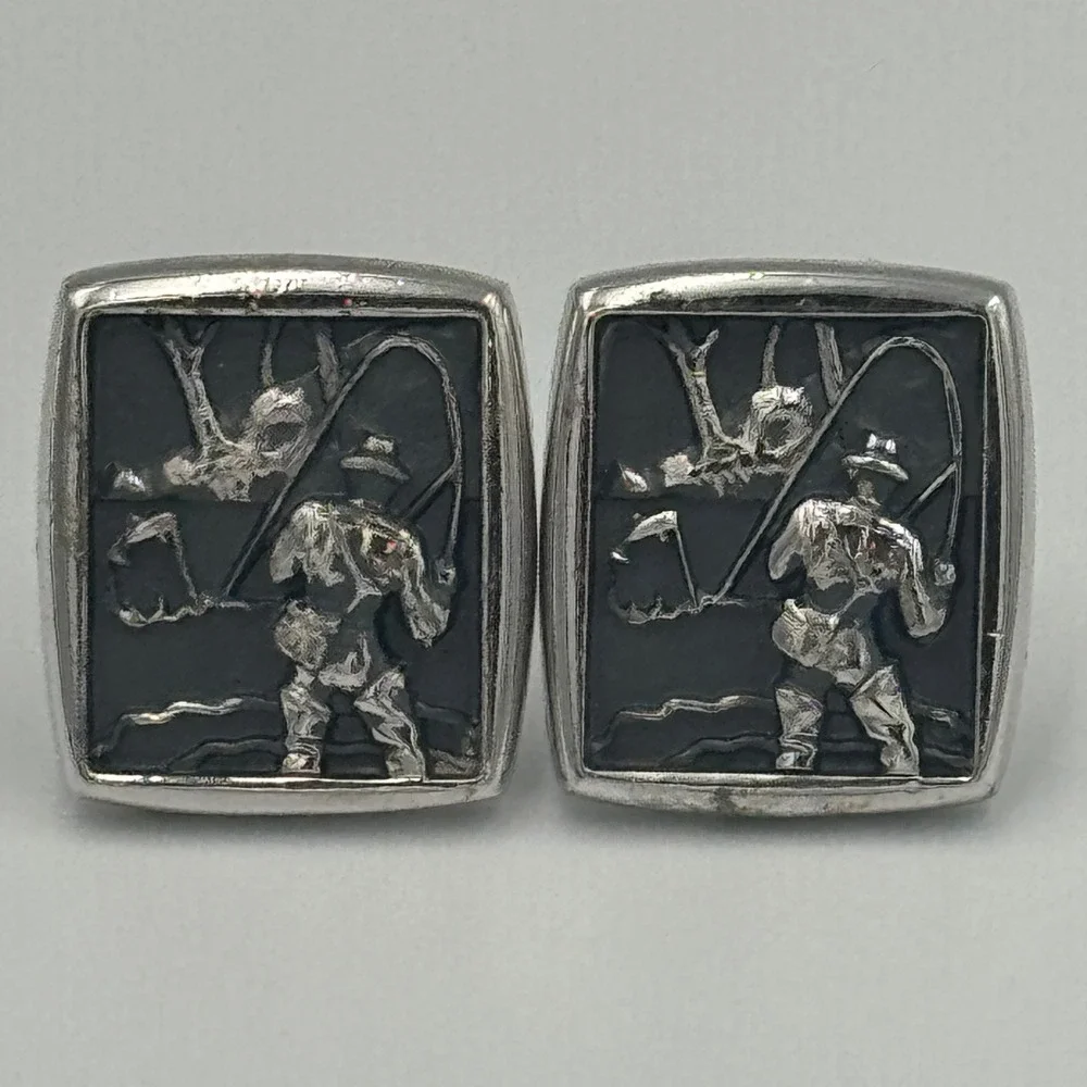 Silver Tone Fly Fisherman Cufflinks Mens Rectangular Fishing Scene‎